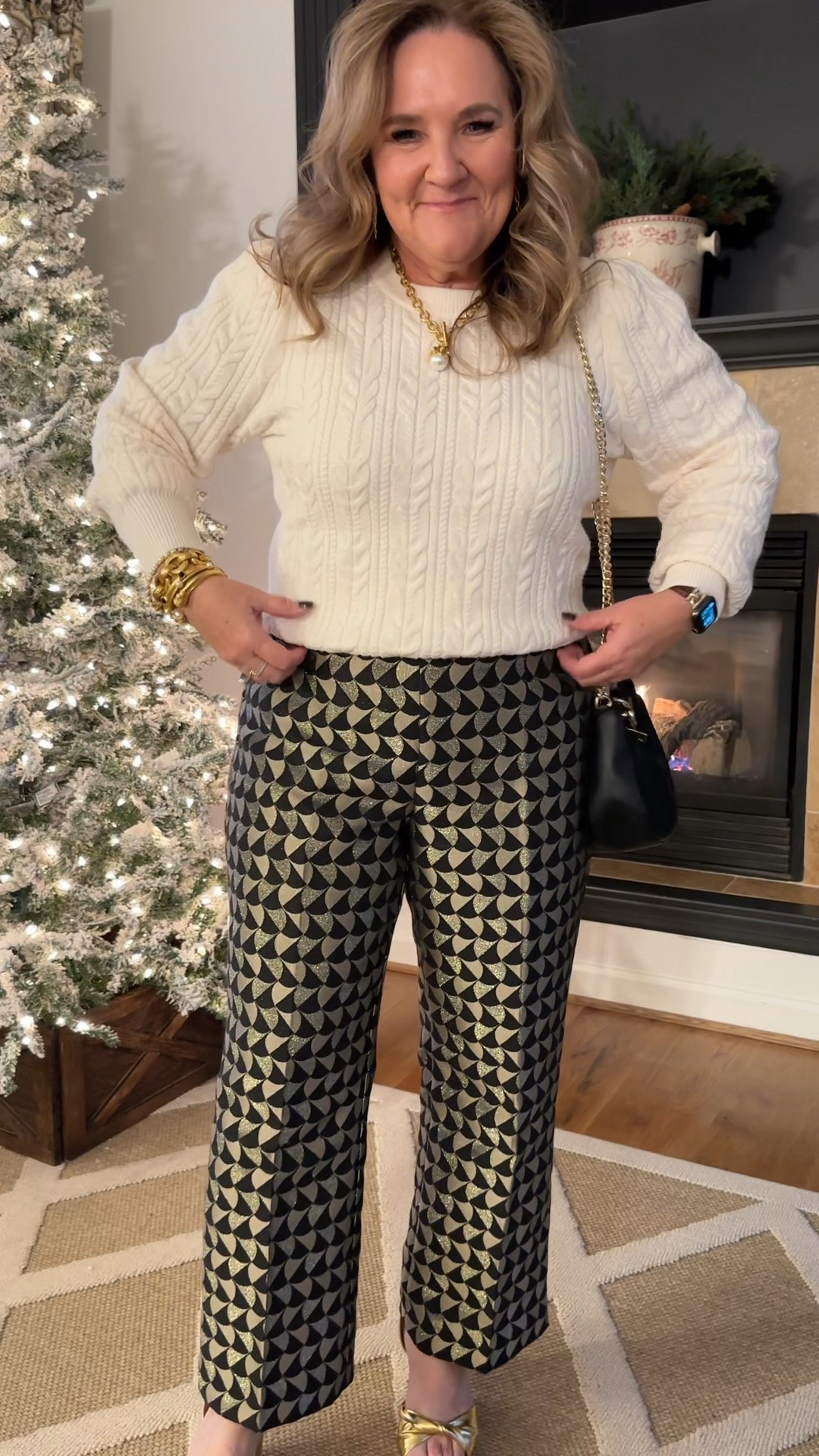 This might be my favorite look. It’s simple and elegant. Pants size 14. Def get larger size. Sweater is under $30. Wearing size large. Gold platform sandals are more comfortable than you think. I’ve worn them for several hours at a time. And they are under $30.

Holiday party Christmas eve Christmas outfit

#LTKover40 #LTKfindsunder100 #LTKHoliday