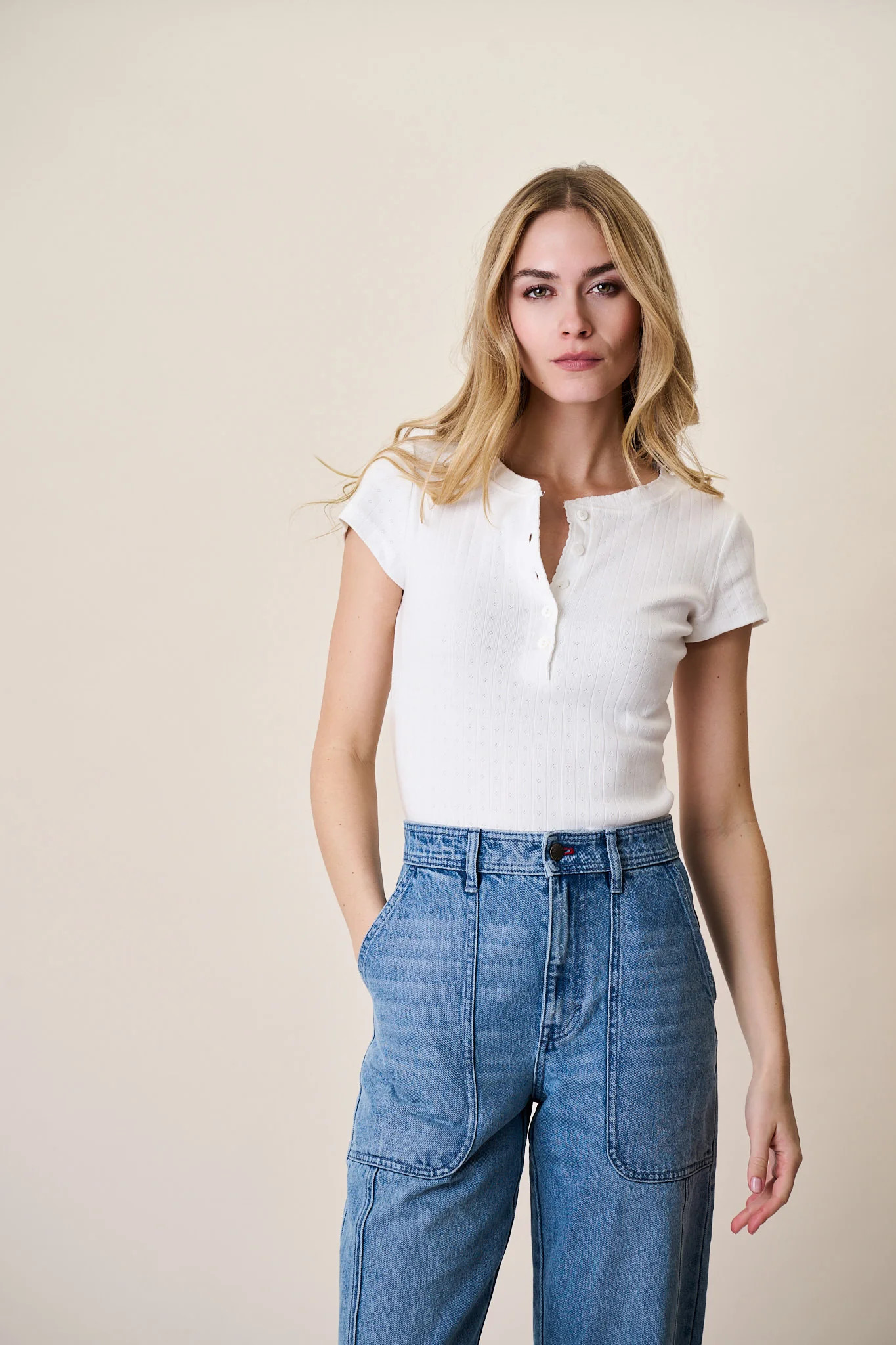 Pointelle Short Sleeve Henley - White | Marea