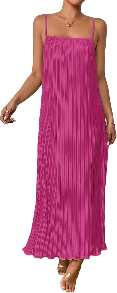 OYOANGLE Women's Sleeveless Spaghetti Strap Pleated Straight Flowy Long Maxi Cami Dress | Amazon (US)