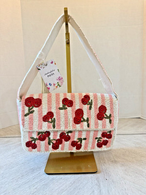 Viral Beaded Cherry Shoulder Bag Pink Striped Handcrafted India New with tags | eBay | eBay US