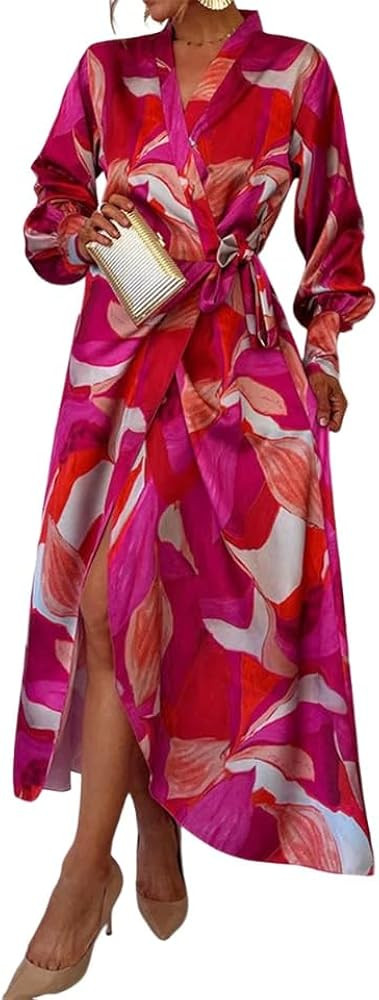 Women's Round Neck Long Sleeve High Waist Slit Maxi Dress Chic Floral Print Flowy Rose Red Long D... | Amazon (US)