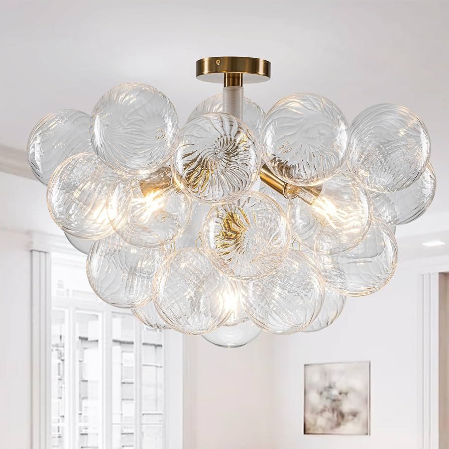 Luxury Bubble Chandelier Semi Flush Mount Ceiling Light Fixture, Dia 24" White Gold and Clear Rib... | Amazon (US)