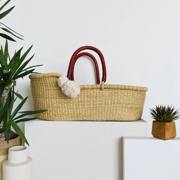 Basket OnlyWheatgrassAfrican Moses BasketCognac Handle | Plum+Sparrow