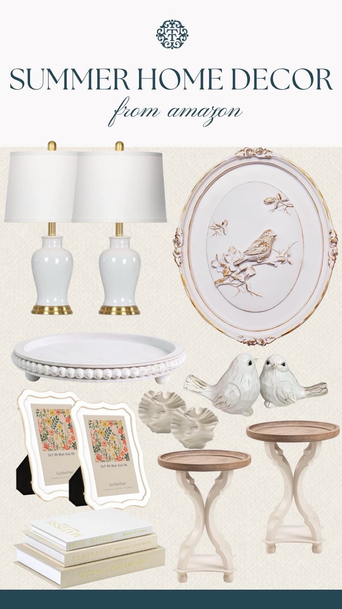 We rounded up some pretty summer home decor finds from Amazon, and we love the mix of soft white, cream, and light wood tones. The bird artwork, scalloped frames, ceramic accents, and beaded tray all bring such a classic feel. These pieces would be beautiful in a living room, entryway, or bedroom for summer.

#LTKSeasonal #LTKOver40 #LTKHome