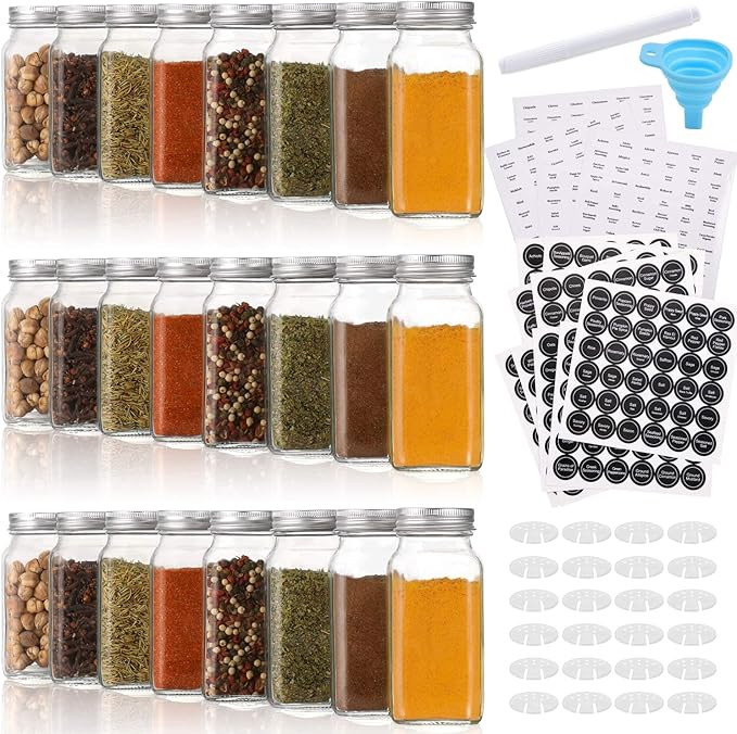 Aozita 24 Pcs Glass Spice Jars/Bottles - 6oz Empty Square Spice Containers with 810 Spice Labels ... | Amazon (US)