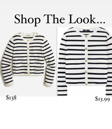 Shop the look
Jcrew striped lady jacket cardigan
Amazon finds
Black
Navy
White
Gold buttons
Long sleeve
Chic
Trend
Spring
Winter
Pockets
Short 
Perfect for work

#LTKworkwear #LTKfindsunder50 #LTKstyletip