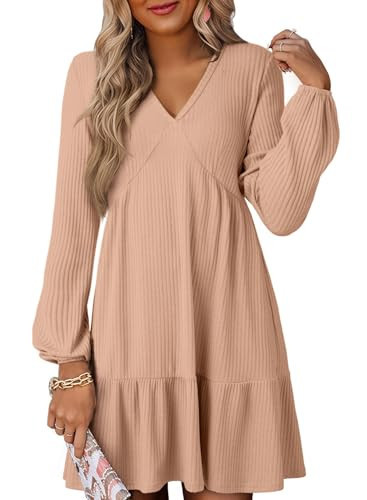 Dokotoo Dresses for Women 2025 Fall Teacher Outfits Long Sleeve V Neck Textured Ribbed Knit Casual Dress Loose Empire Waist A-Line Flowy Swing Cute Mini Babydoll Tunic Short Mini Dress Khaki Large | Amazon (US)