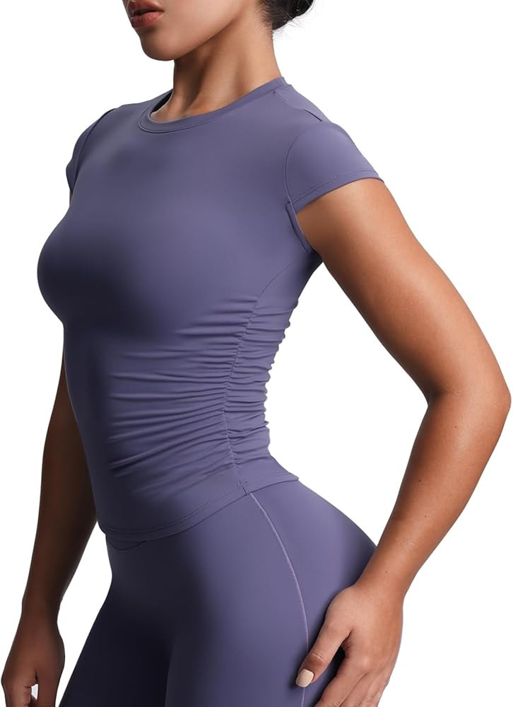Aoxjox Women's Cap Sleeve T-Shirts Crew Neck Velura Ruched Tee Without Padded Workout PlushFlex... | Amazon (US)