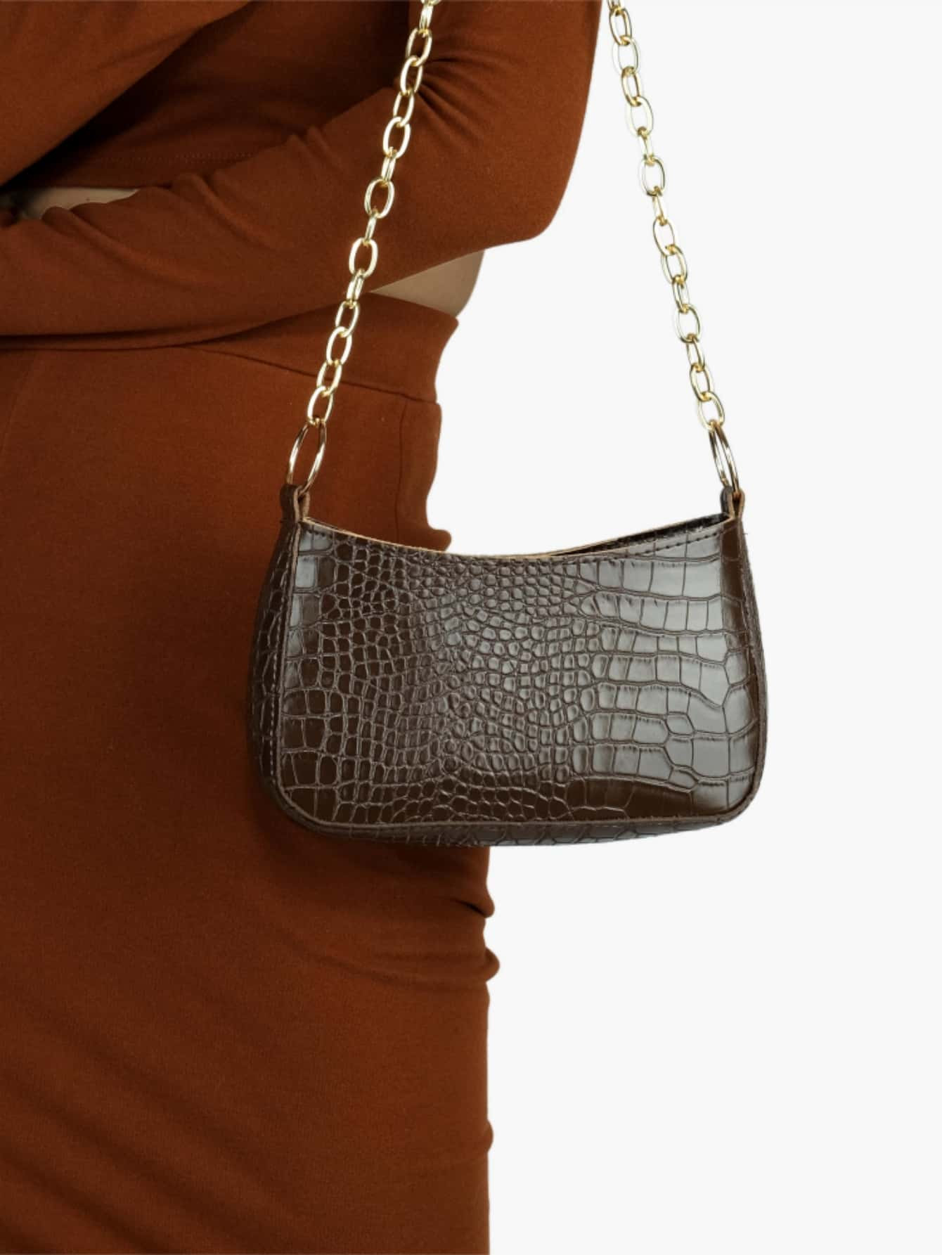 Mini Crocodile Embossed Chain Baguette Bag | SHEIN