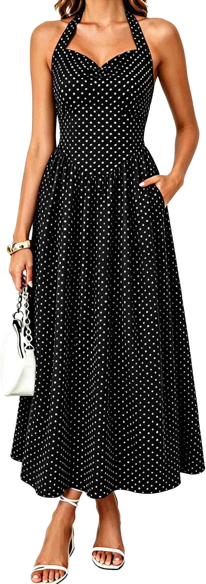Women's Vintage Polka Dot Halter A-Line Maxi Dress with Pockets | Amazon (US)