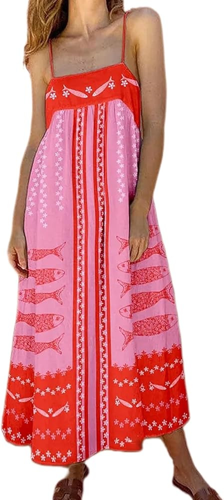 Juakoso Women Boho Graphic Maxi Dress Spaghetti Strap Square Neck Long Flowy Dress Summer Graffit... | Amazon (US)