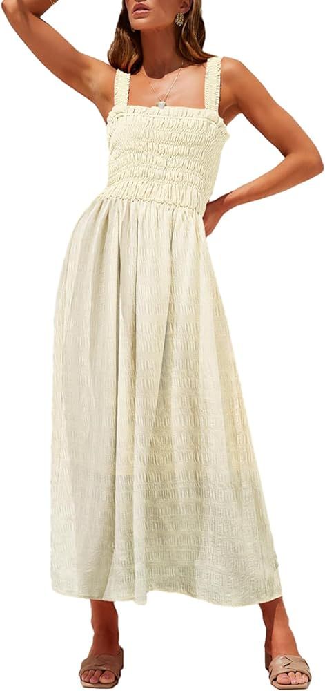 AlvaQ Women's 2024 Summer Spaghetti Strap Square Neck Ruffle A Line Beach Long Maxi Dress Smocked... | Amazon (US)
