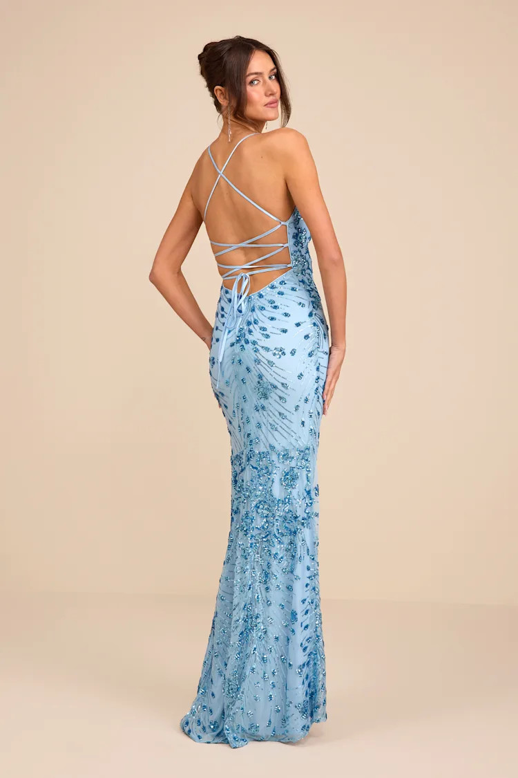Photo Finish Light Blue Sequin Lace-Up Maxi Dress | Lulus
