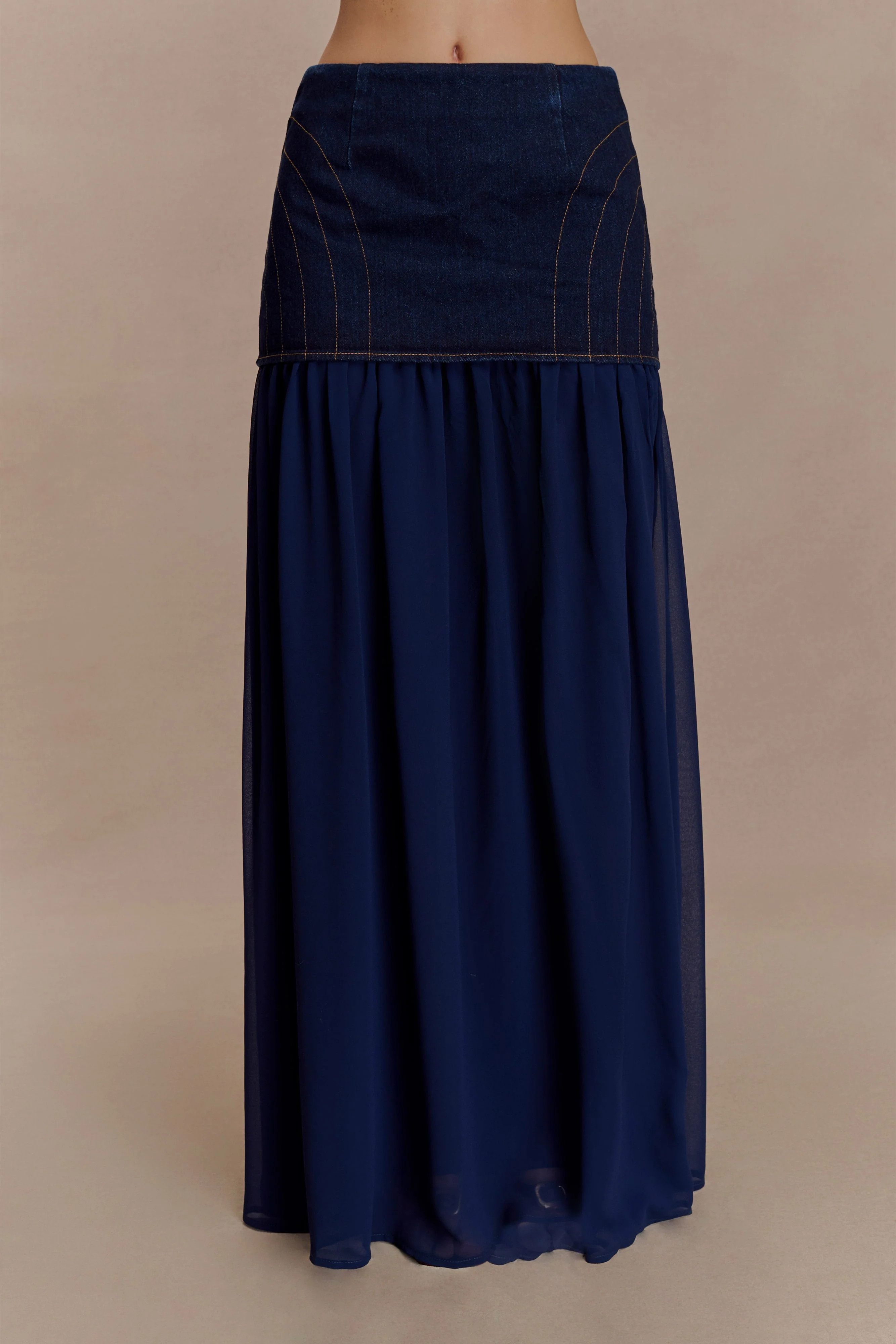 Tully Chiffon Denim Maxi Skirt - Indigo Blue | MESHKI US