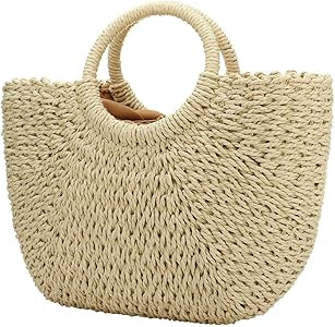 Natural Chic Straw Bag Hand Woven Round Handle Handbags Retro Summer Beach Bag Beach Bag | Amazon (US)