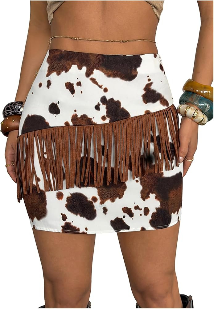 WDIRARA Women's Cow Print Mini Skirt Cowgirl Fringe Skirts Summer Western Country Concert Outfit | Amazon (US)