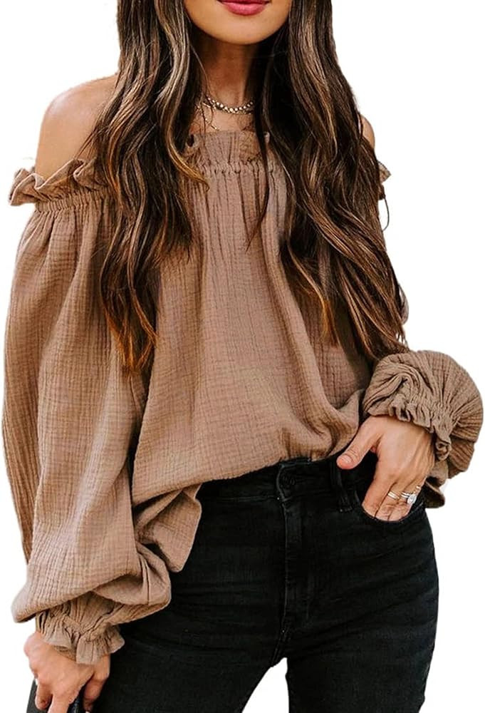 Ekaliy Women Off Shoulder Tops Solid Long Sleeve Bell Sleeves Lace Chiffon Ruffle Shirt Casual Bl... | Amazon (US)