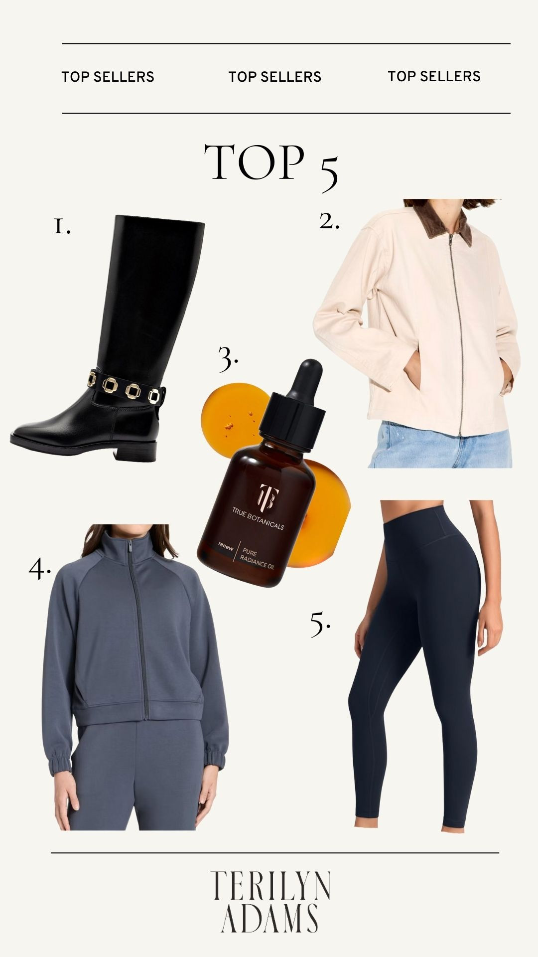 Top seller and most loved items this week!

1. Black Leather boots - TTS
2. Target Barn Jacket - TTS
3. Radiance Oil - makes your skin GLOW
4. Target Zip Jacket - feels like Spanx
5. Heynuts Leggings - better than Lululemon! 

 #LTKActive #LTKFindsUnder50 #LTKBeauty