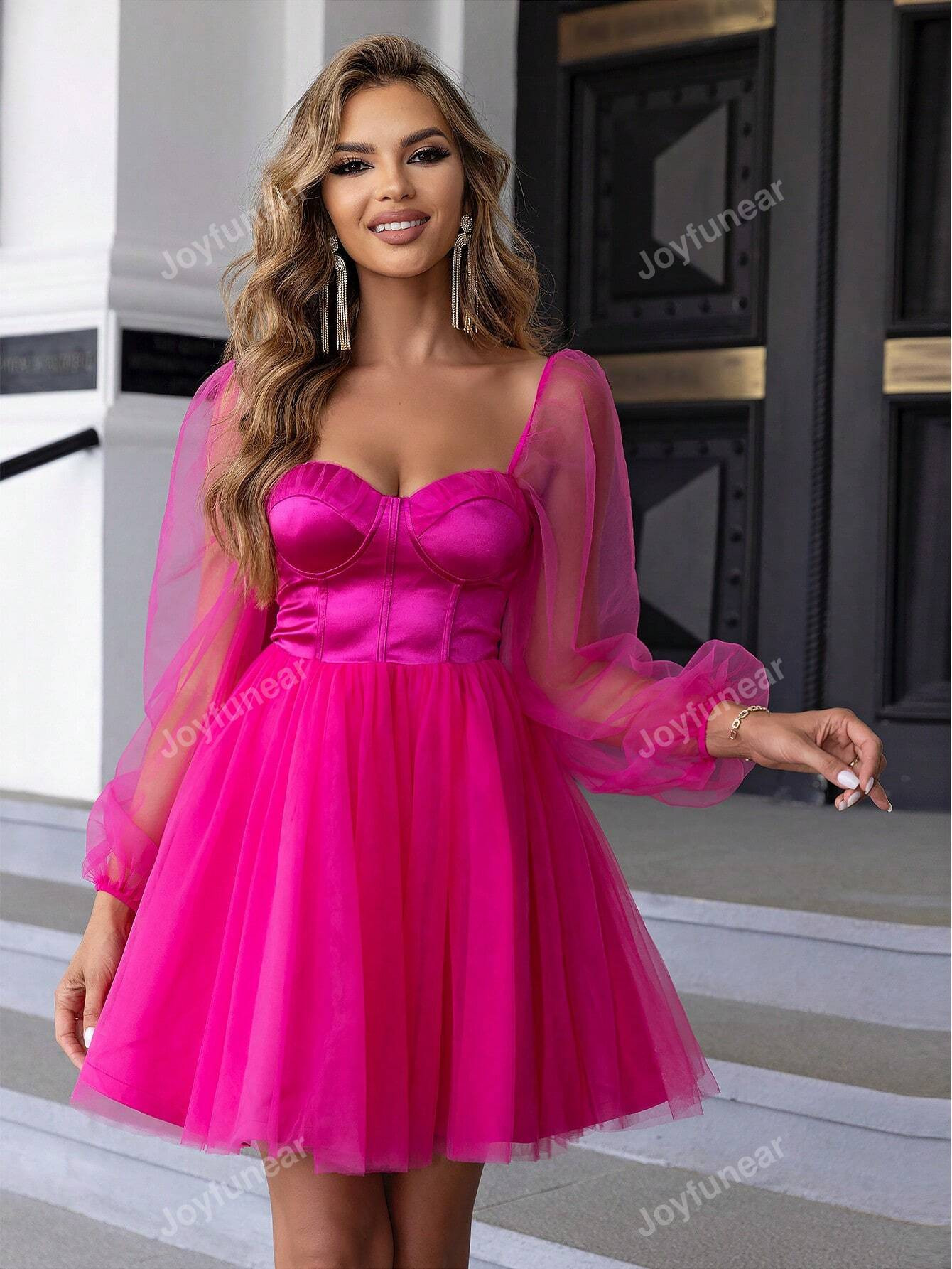 Joyfunear Sweetheart Neck Lantern Sleeve Mesh Overlay Dress | SHEIN USA | SHEIN