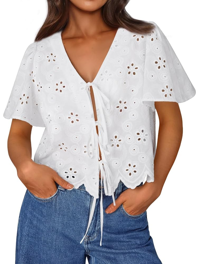 Trendy Queen Womens Crochet Tops Summer Vacation 2025 Fashion Outfits Loose Fit Blouses Tie Front... | Amazon (US)