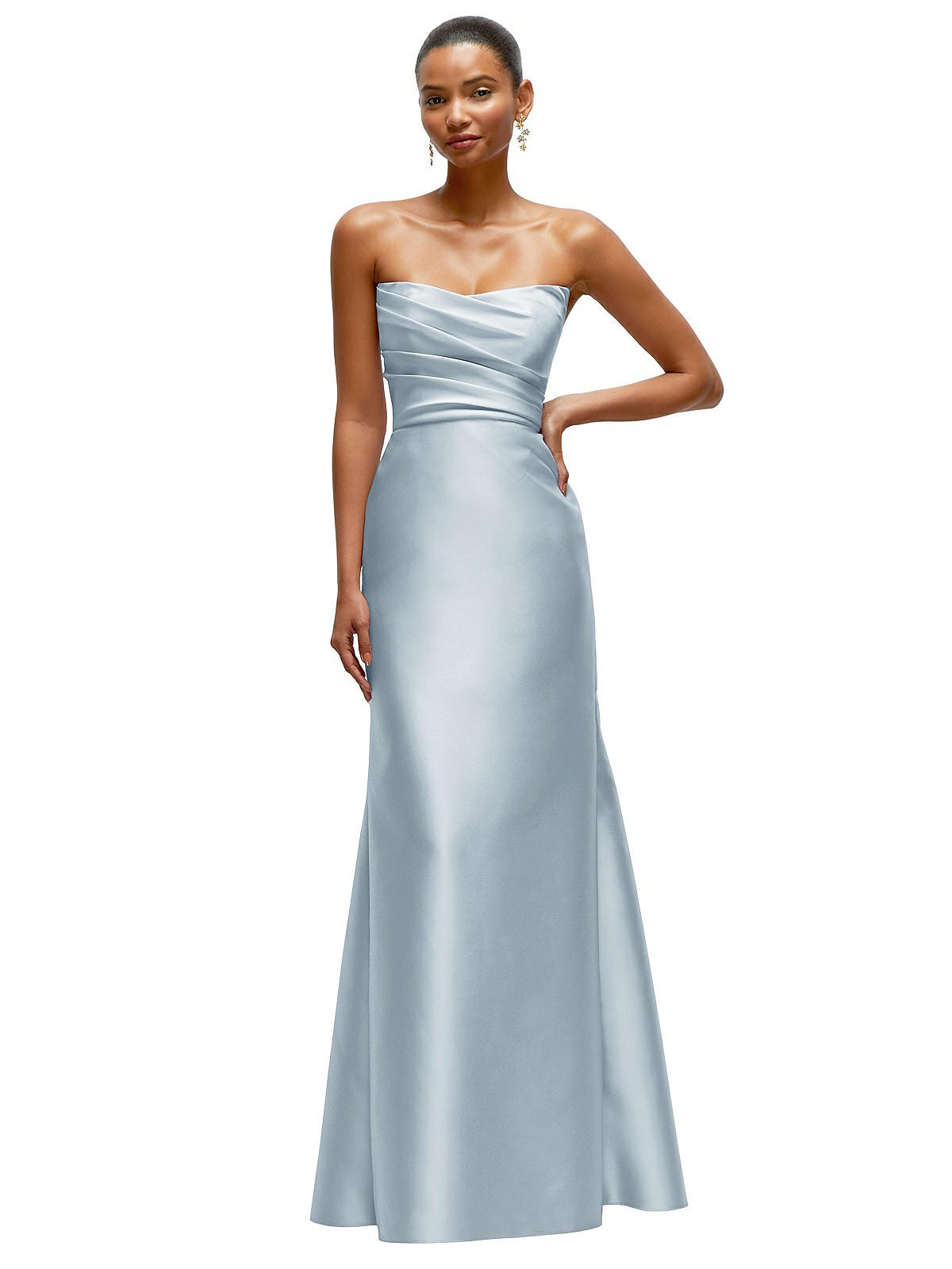 Strapless Cat-Eye Draped Bodice Satin Tumpet Dress in Mist | The Dessy Group