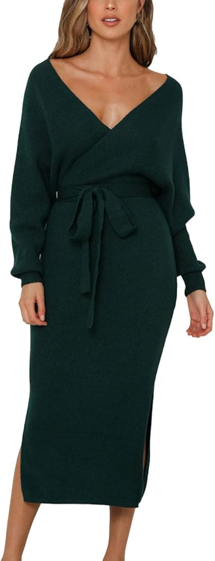 VamJump Women's V Neck Sweater Dress Casual Batwing Sleeve Wrap Front Backless Tie Waist Bodycon ... | Amazon (US)