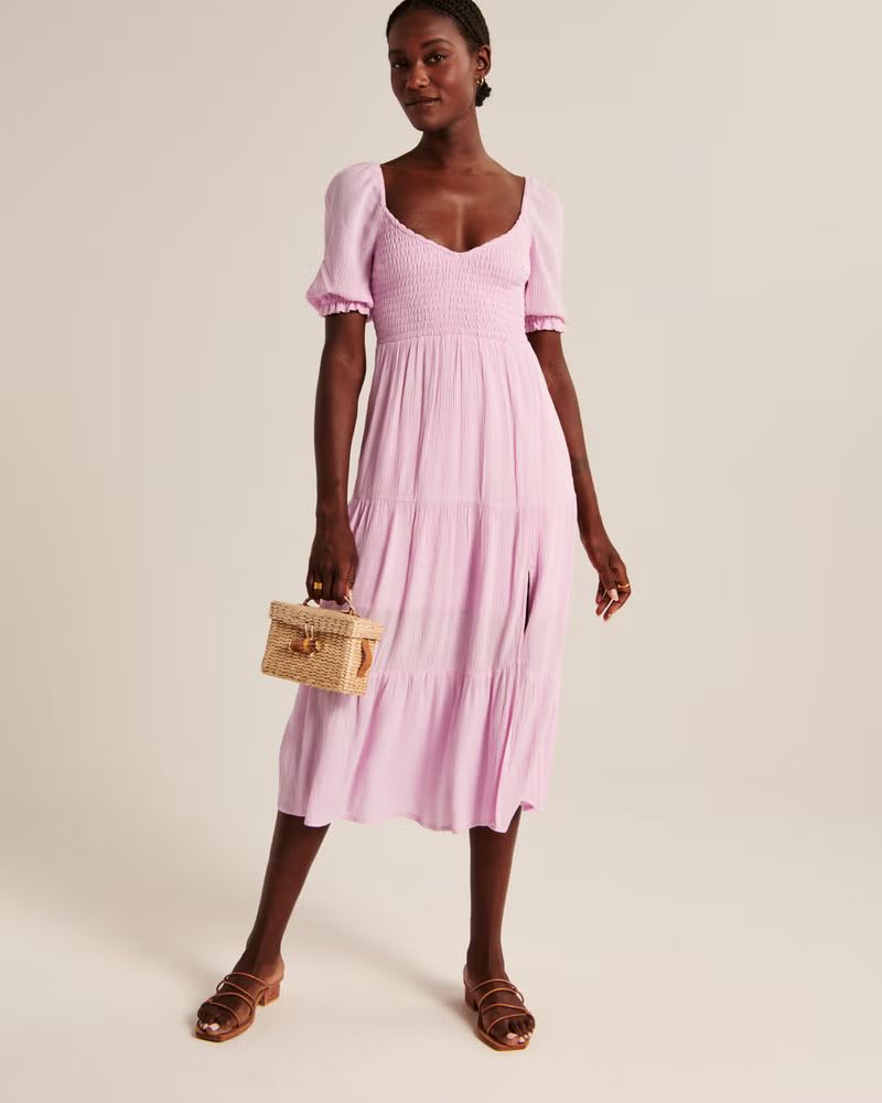 Women's Short-Sleeve Smocked Midi Dress | Women's Sale | Abercrombie.com | Abercrombie & Fitch (UK)