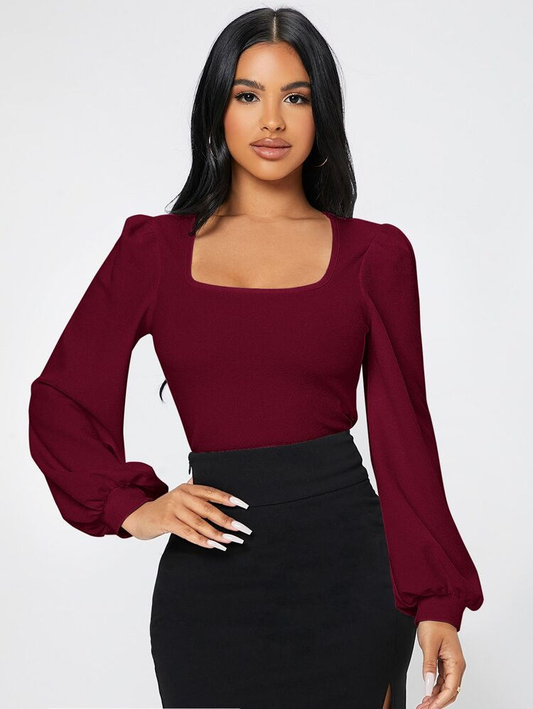 SHEIN PETITE Square Neck Lantern Sleeve Tee | SHEIN