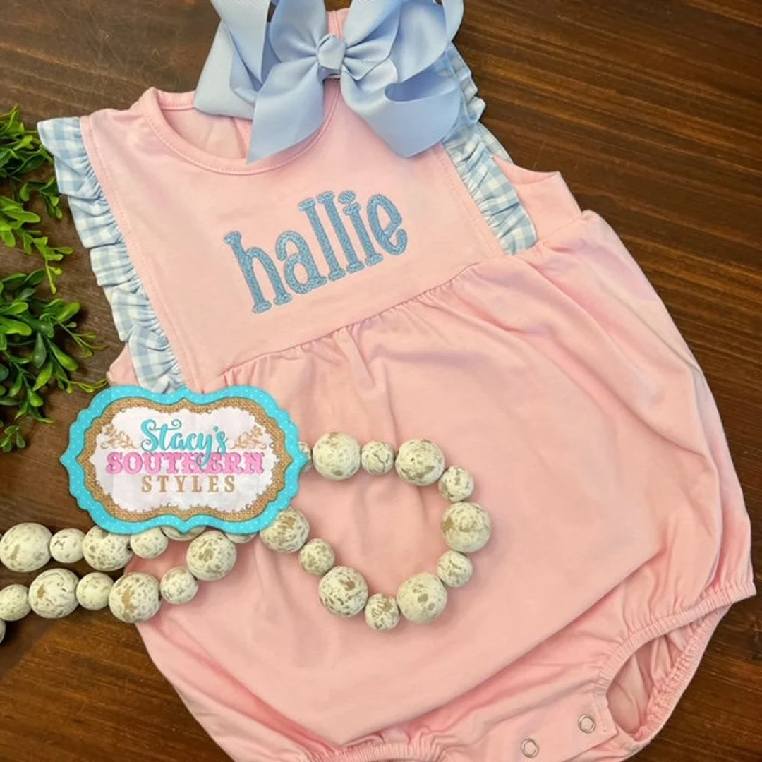 Pink Bubble With Blue and White Gingham, Cute Pink and Blue Romper, Personalized Romper, Monogram... | Etsy (US)