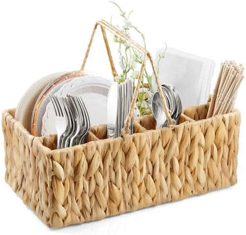 Silverware Holder for Party, Wicker Utensil Caddy, Woven Picnic Caddy for Plates, Water Hyacinth ... | Amazon (US)