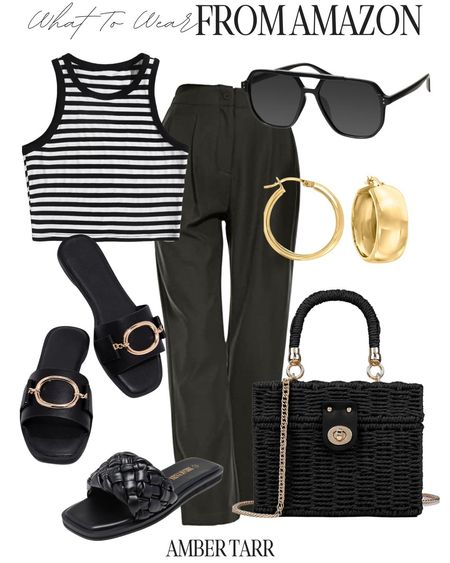 Everyday casual chic outfit! Striped tank, black trousers, slides, woben handbag, aviators and simple gold hoops. The perfect day time or evening outfit. 

#LTKover40 #LTKfindsunder100 #LTKfindsunder50