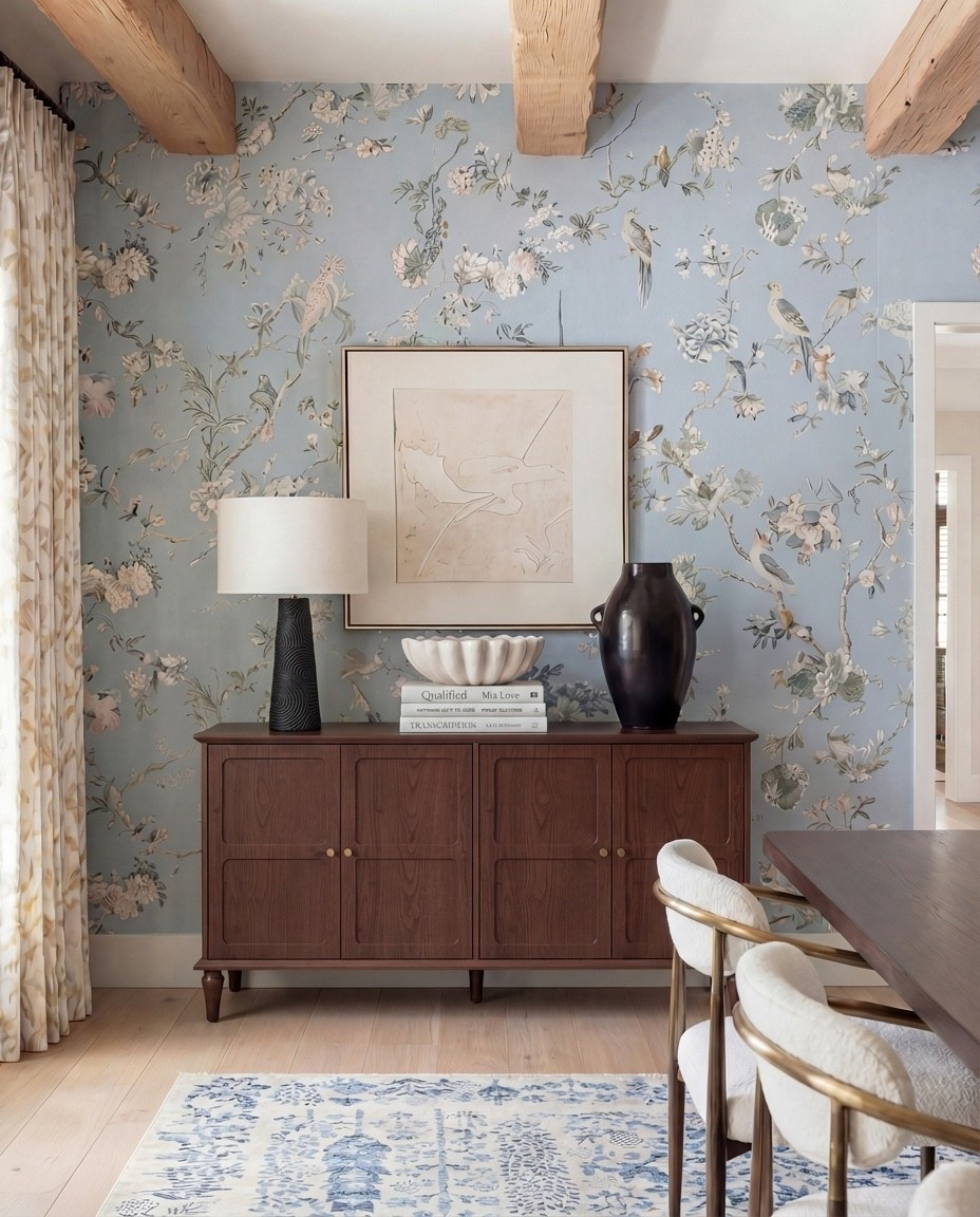 Shop the Look:
• Solid wood dining table
• Upholstered dining chairs with brass frames
• Blue floral wallpaper
• Blue patterned traditional rug
• Wood ceiling beams
• Glass candle holders
• Black ceramic bowl decor
Black ceramic vase
Brass serving tray
Solid wood buffet console
Solid oak tall cabinet
Black ceramic decor bowl
White decor books
Black table lamp, white fluted decor bowl
• Neutral linen curtains
• Wood display cabinet with glass doors

#LTKHome #LTKSaleAlert #LTKFindsUnder100