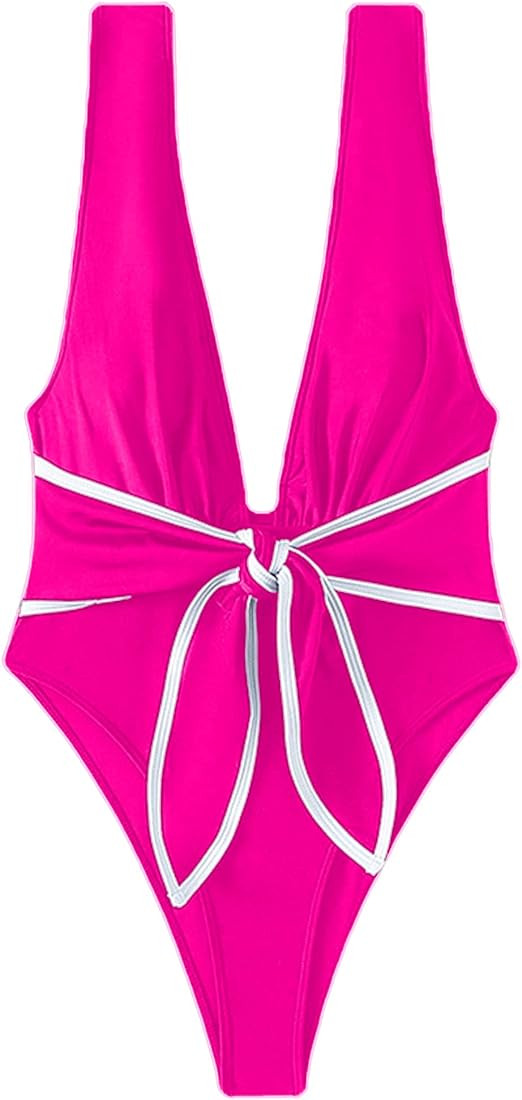 Hilinker Women's Tie Bow One Piece Swimsuit Deep V Neck Tummy Control Bathing Suit | Amazon (US)