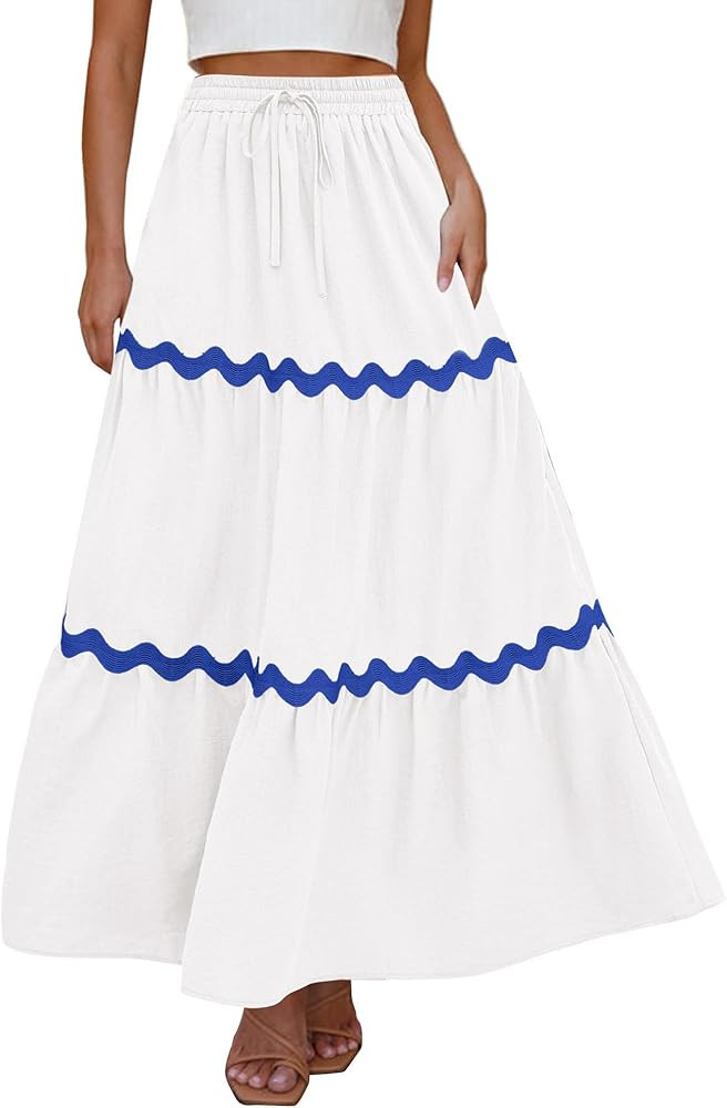KIRUNDO Women Summer Boho Drawstring Elastic High Waist Maxi Skirt 2024 Casual A-Line Beach Flowy... | Amazon (US)