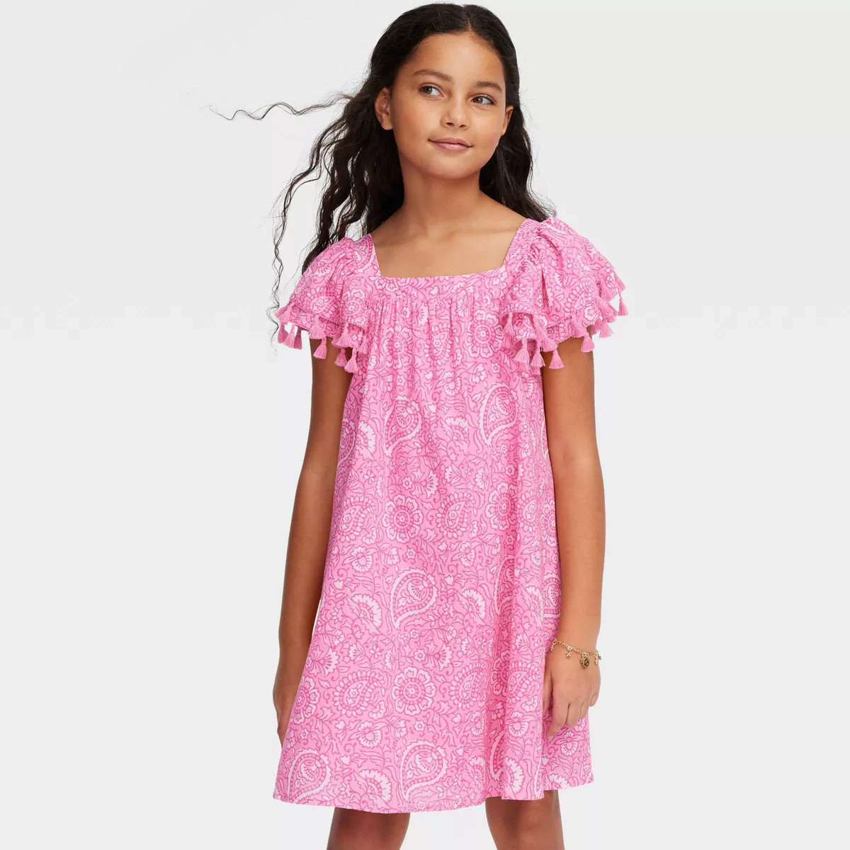 Girls' Paisley Floral Short Tassel Sleeve Mini Dress Pink - Roller Rabbit x Target S | Target