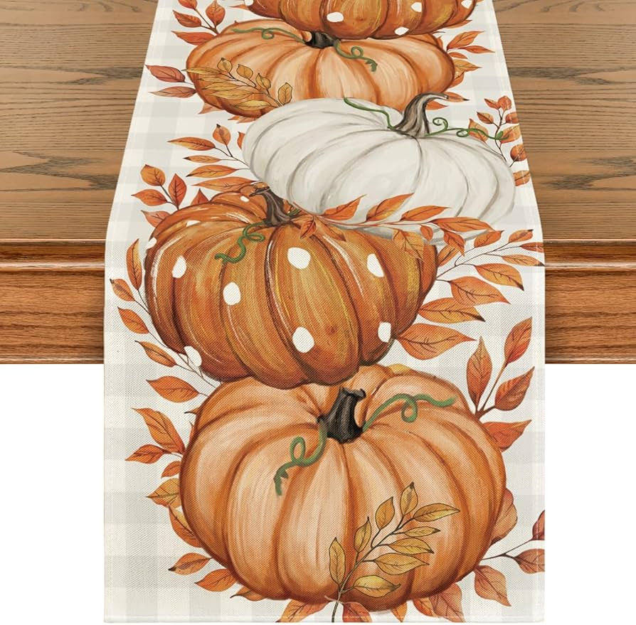 Artoid Mode Buffalo Plaid Orange Pumpkins Eucalyptus Fall Table Runner, Autumn Thanksgiving Kitch... | Amazon (US)