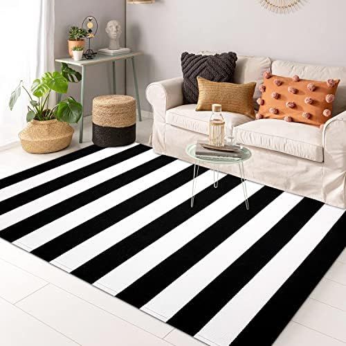 KOZYFLY Black and White Striped Rug | 35.4 x 59 Inches | Black Area Rug Cotton Hand-Woven Washabl... | Amazon (US)