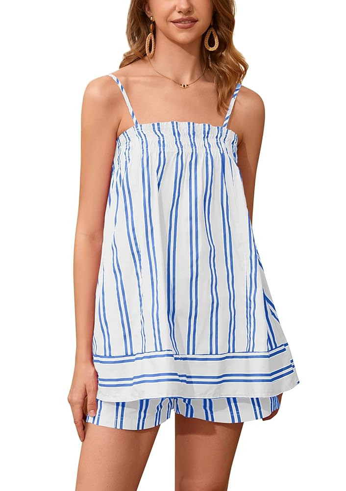 Women 2 Piece Lounge Set Striped Summer Pajama Set Sleeveless Peplum Cami Top and Wide Leg Shorts... | Amazon (US)