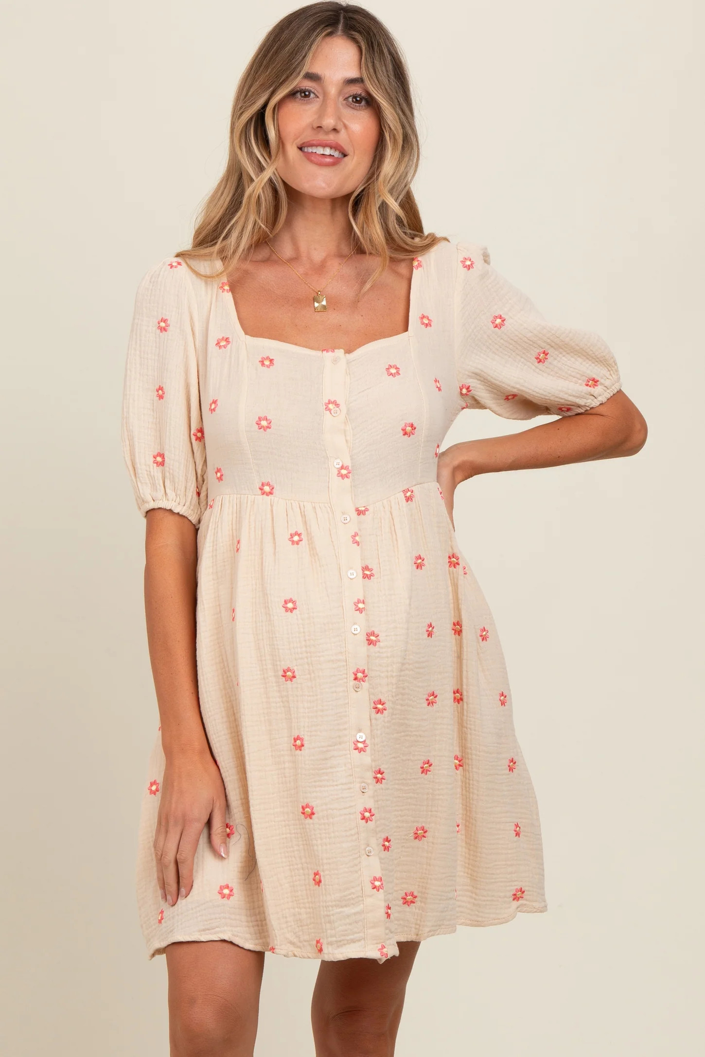 Beige Floral Embroidered Button Front Short Sleeve Maternity Dress | PinkBlush Maternity