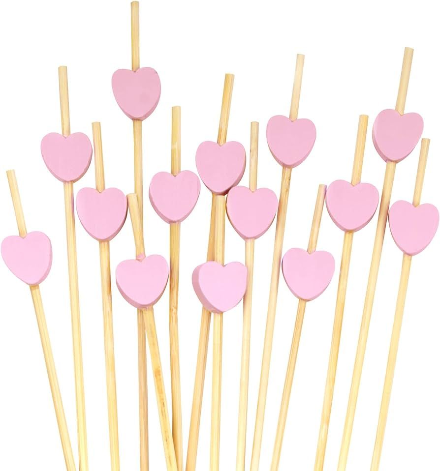 BambooMN 8.3 Inch Pink Heart Bamboo Food and Drink Pick Skewers for Catered Events, Holiday's, Re... | Amazon (US)