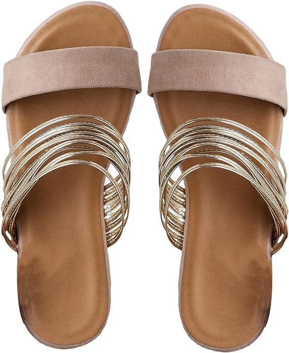 Verdusa Women's Metallic Strappy Flat Sandals Summer Slide Sandals Casual Shoes | Amazon (US)