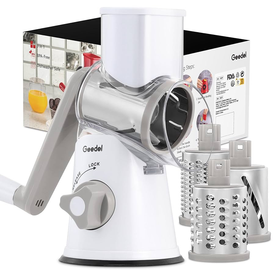 Geedel Rotary Cheese Grater, Kitchen Mandoline Vegetable Slicer with 3 Interchangeable Blades, Ea... | Amazon (US)