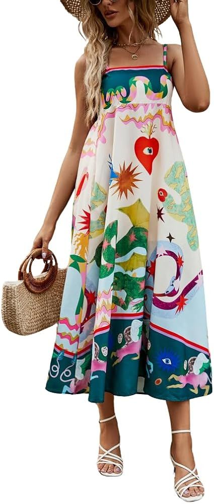 Women's Strap Printed Boho Sleeveless Maxi Cami Dress Graffiti Flowy Swing Summer Beach Sun Dress | Amazon (US)