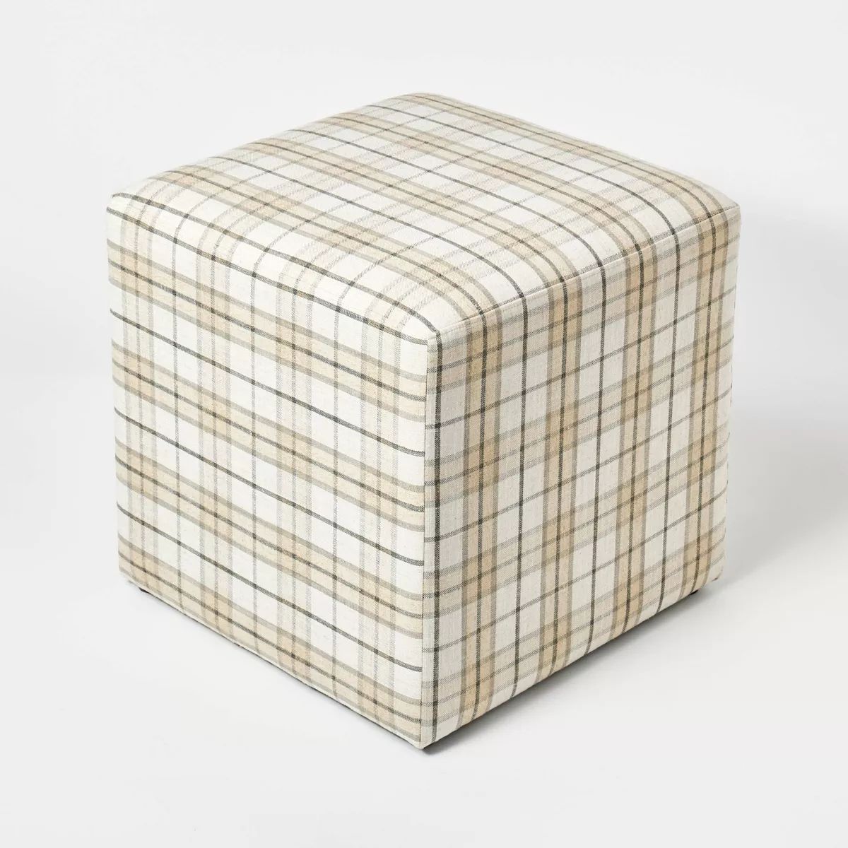 Lynwood Square Upholstered Cube Ottoman Cream/Brown Plaid - Threshold™ designed with Studio McG... | Target
