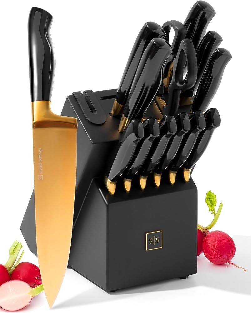 Black and Gold Knife Set with Sharpener- 14 PC Gold Knife Set with Block and Sharpener Includes F... | Amazon (US)