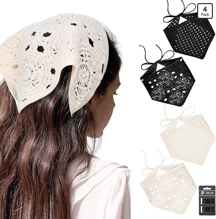 4 Pack Crochet Bandanas Headscarf for Spring and Summer, Vintage Floral Hair Bandanas Headband fo... | Amazon (US)