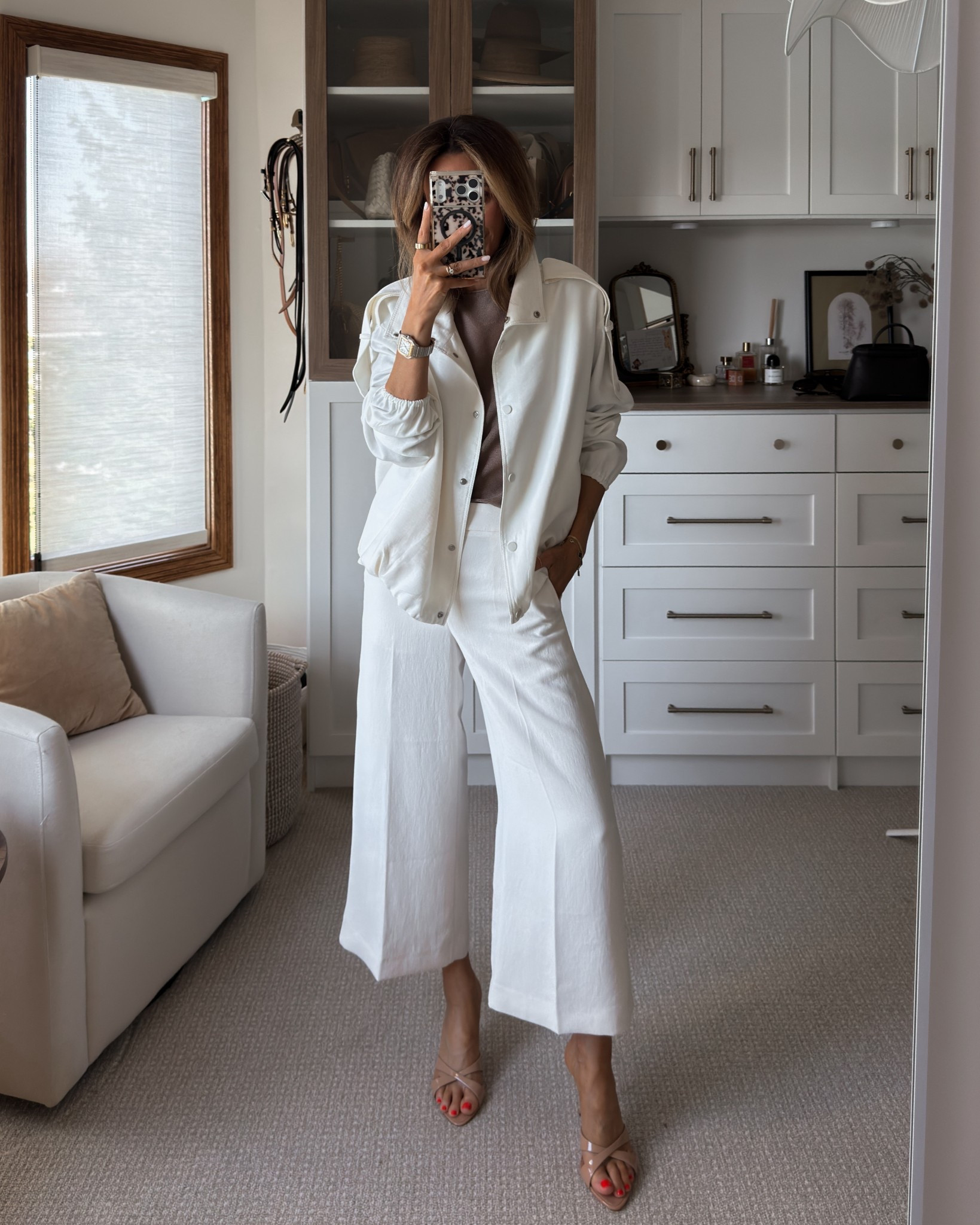 Coolest high collar jacket with elastic cuffs and snap buttons styled with a fine knit sweater and crop crepette pants - xs on tops and 2 on bottom 

#LTKgrwm #LTKOver40 #LTKootd