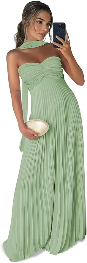 Long Chiffon Bridesmaid Dresses for Women Pleated Strapless Maxi Formal Evening Gown with Long Sc... | Amazon (US)