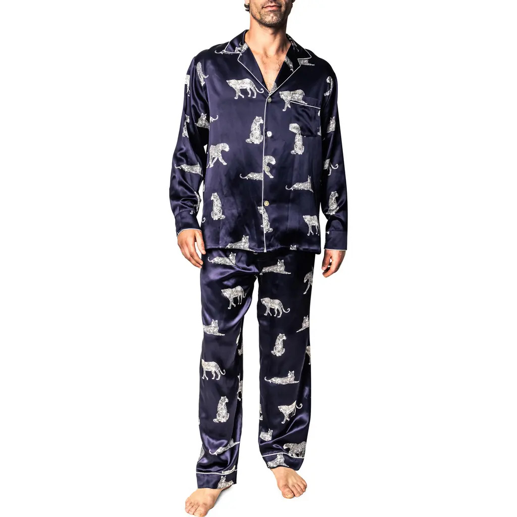 Petite Plume Panthre de Nuit Silk Pajama Set in Navy at Nordstrom, Size Large | Nordstrom