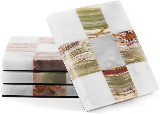 Marble Coasters Set of 4, White & Green Onyx Handmade 4 inch Square Stone Coaster, Decorative Che... | Amazon (US)